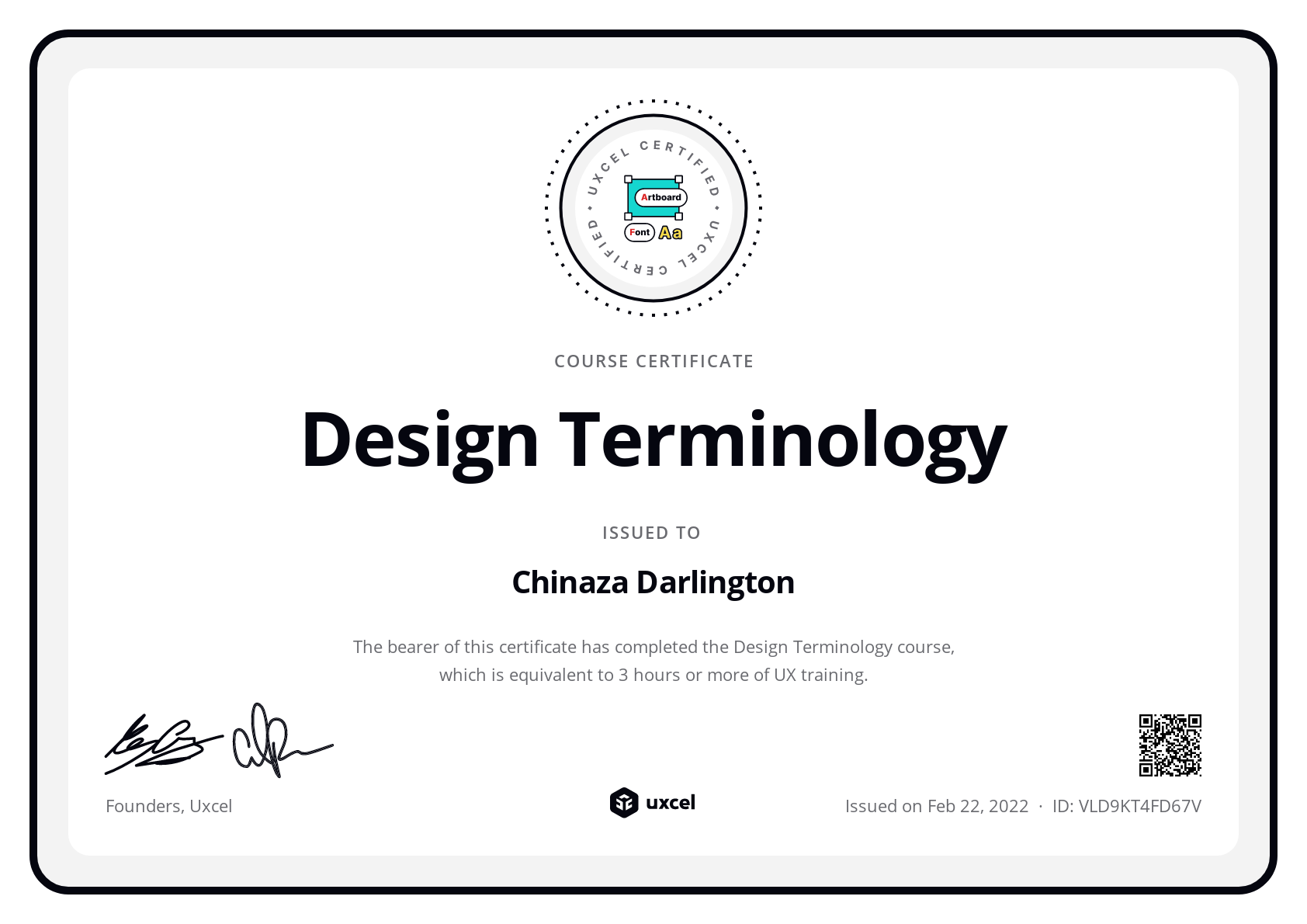 Chinaza Darlington's certificate